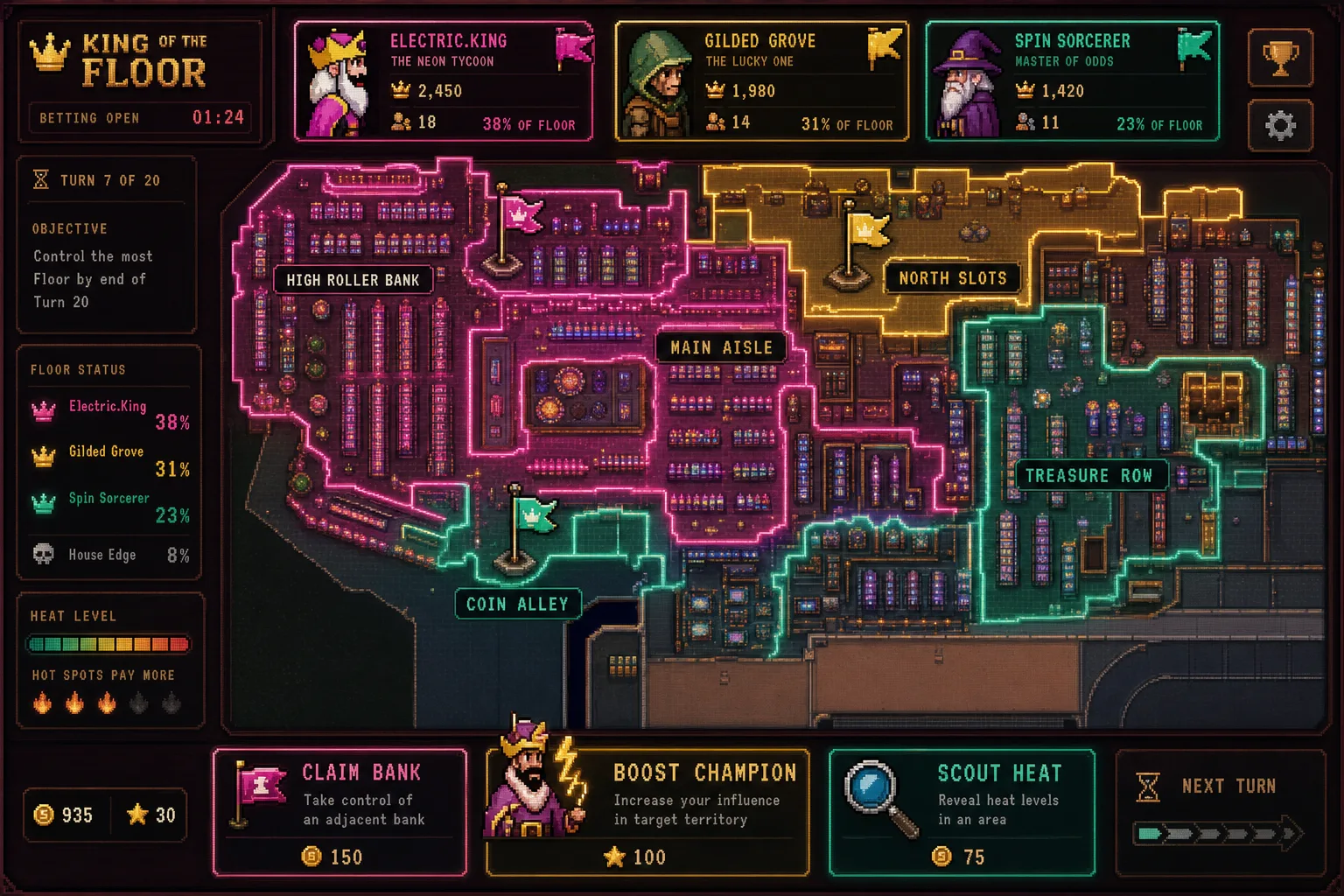 A live territory-control round played over a real casino floor map