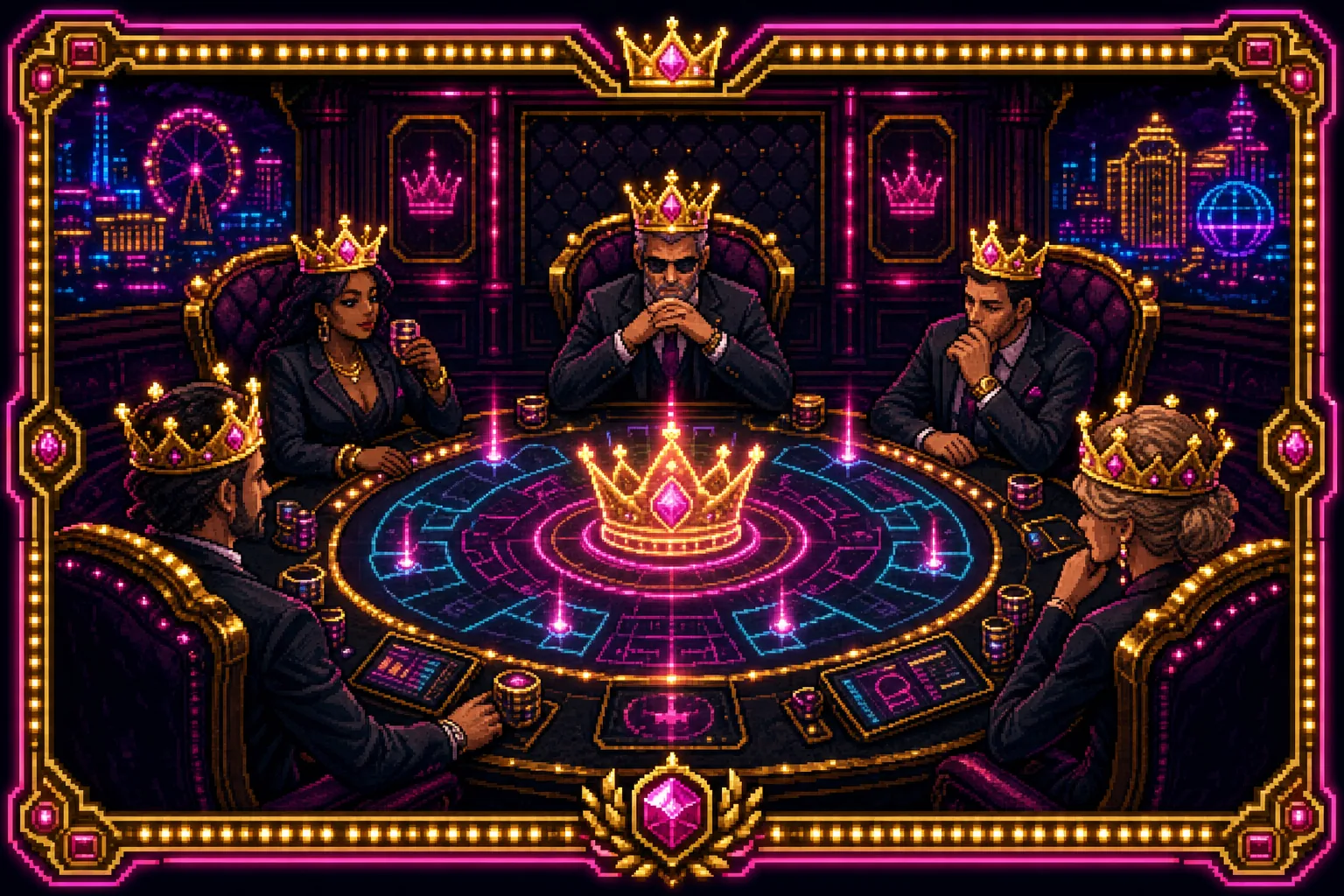 Five founding customers seated at the King's Table, each wearing a crown