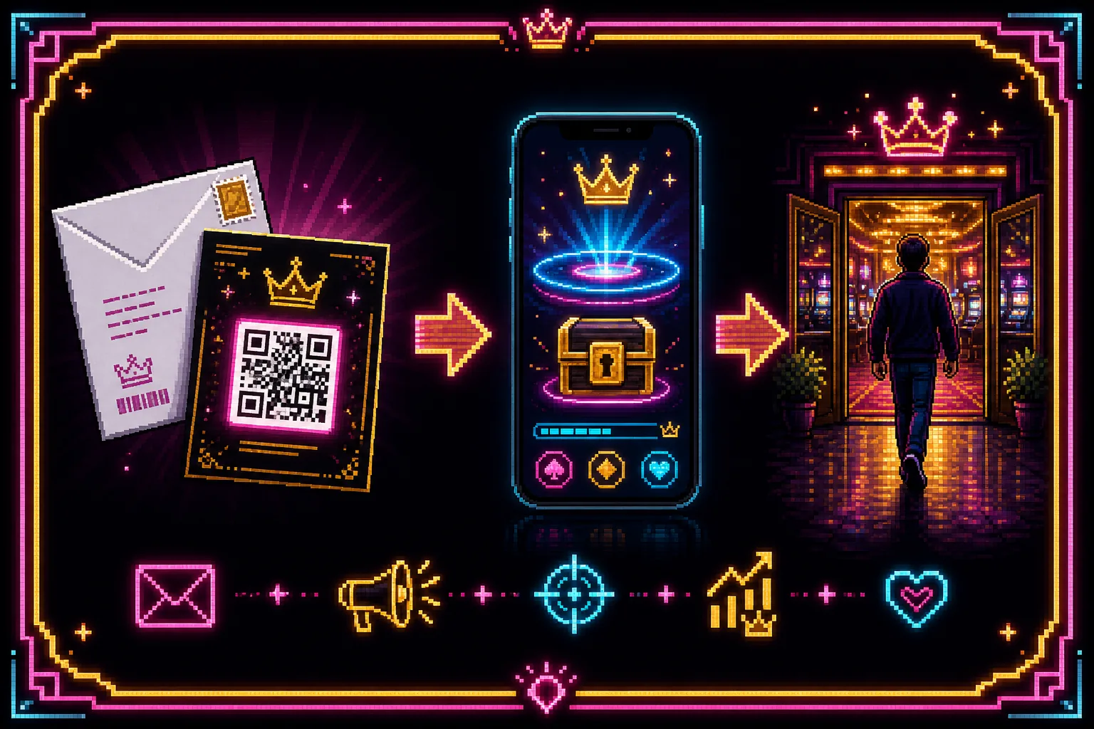 Direct mail with QR unlocking a King of the Floor challenge on a phone