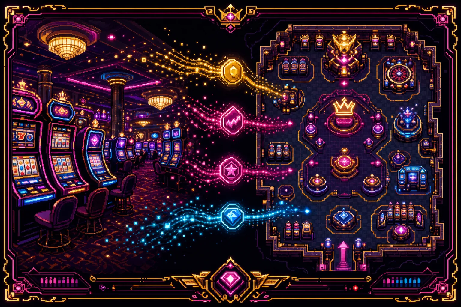 Live casino floor feeding a glowing floor-map game